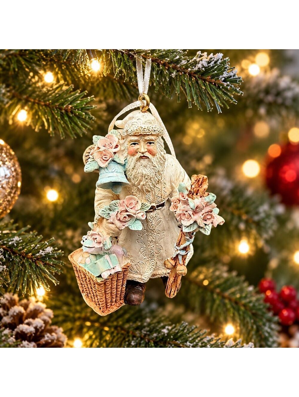 Vintage Santa Christmas Ornament Floral Staff Basket w/ Macy’s Holiday Lane Box